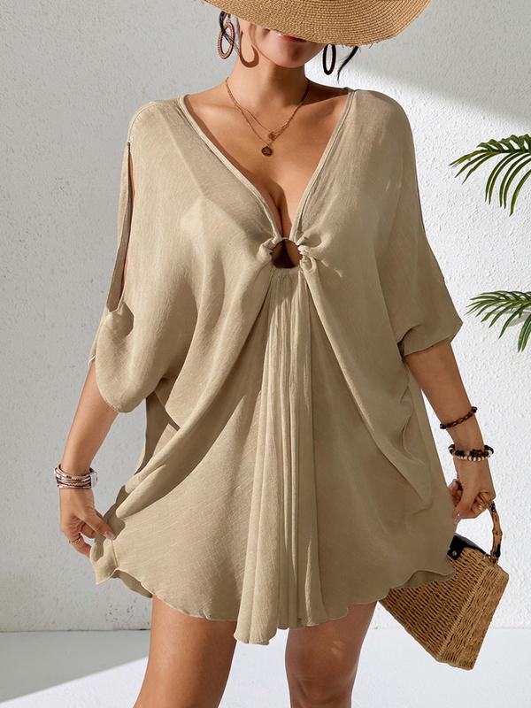 Pure Color V-Neck Lightweight Transparent Loose Dress