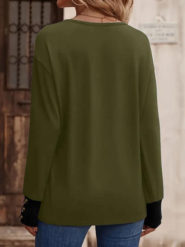 Fall 2026 Essential-[PLUS SIZE] Women's Deep V Colorblock Knit Sweater, Button Sleeve Design, Casual Fashion Top