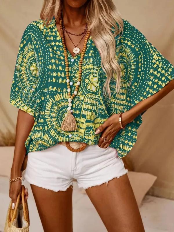 Trending Now⭐👚 Boho Print Batwing Sleeve Top – Flowing V-Neck & Effortless Bohemian Style