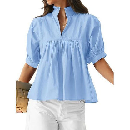 Women’s V-Neck Puff Sleeve Blouse Babydoll Peplum Tops & Cotton Fabric