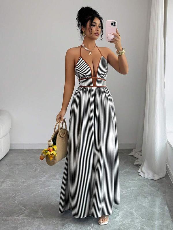 🏆SUMMER SALE💥Women's Elegant Sexy Striped Deep V Neck Halter Dress