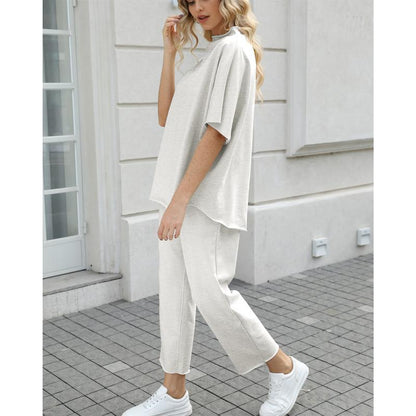 Women's 2-Piece Casual Trendy Clothing Set - 3/4 Batwing Sleeve Capelet Crew Neck Pullover Top&Wide Leg Pants