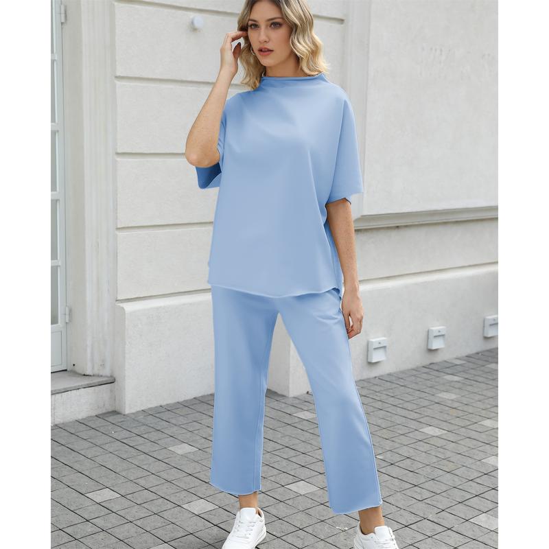 Women's 2-Piece Casual Trendy Clothing Set - 3/4 Batwing Sleeve Capelet Crew Neck Pullover Top&Wide Leg Pants