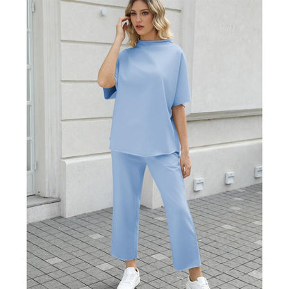 Women's 2-Piece Casual Trendy Clothing Set - 3/4 Batwing Sleeve Capelet Crew Neck Pullover Top&Wide Leg Pants