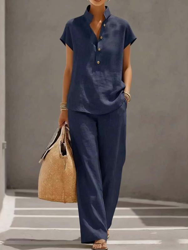 👚👖Women's Casual Lazy Style Basic Baggy Open Front Short Sleeve Top and Long Pants Matching Set