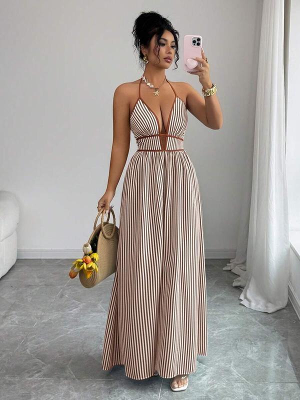🏆SUMMER SALE💥Women's Elegant Sexy Striped Deep V Neck Halter Dress