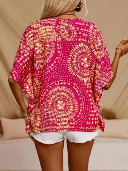 Trending Now⭐👚 Boho Print Batwing Sleeve Top – Flowing V-Neck & Effortless Bohemian Style