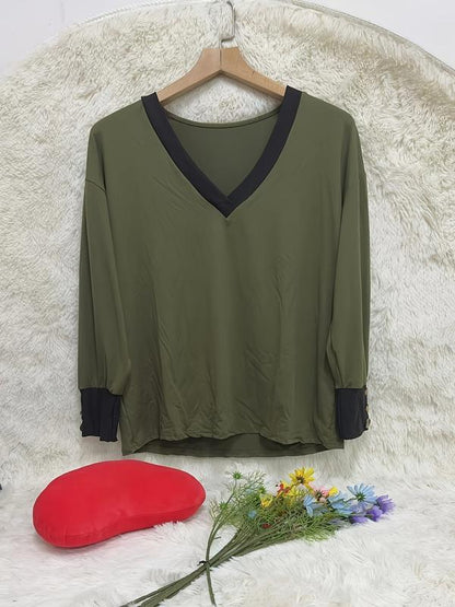 Fall 2026 Essential-[PLUS SIZE] Women's Deep V Colorblock Knit Sweater, Button Sleeve Design, Casual Fashion Top