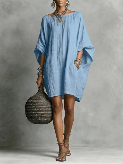 Retro Solid-Color Long-Sleeve Off-Shoulder Casual Linen Cotton Dress