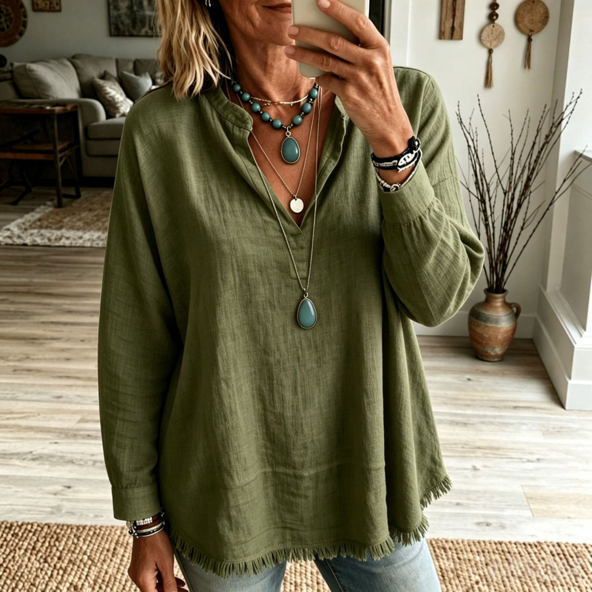 New Autumn Women's Loose-Fit Solid-Color Casual Long-Sleeve Top with V-Neck and Frayed Tassel Hem