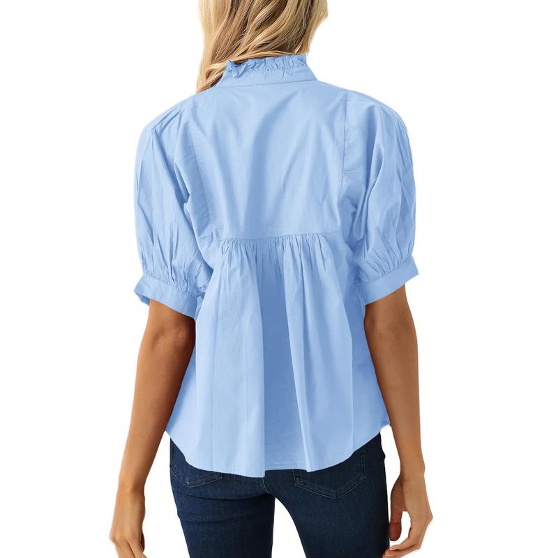 Women’s V-Neck Puff Sleeve Blouse Babydoll Peplum Tops & Cotton Fabric