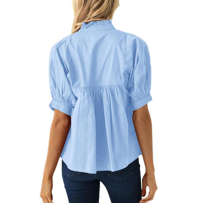 Women’s V-Neck Puff Sleeve Blouse Babydoll Peplum Tops & Cotton Fabric