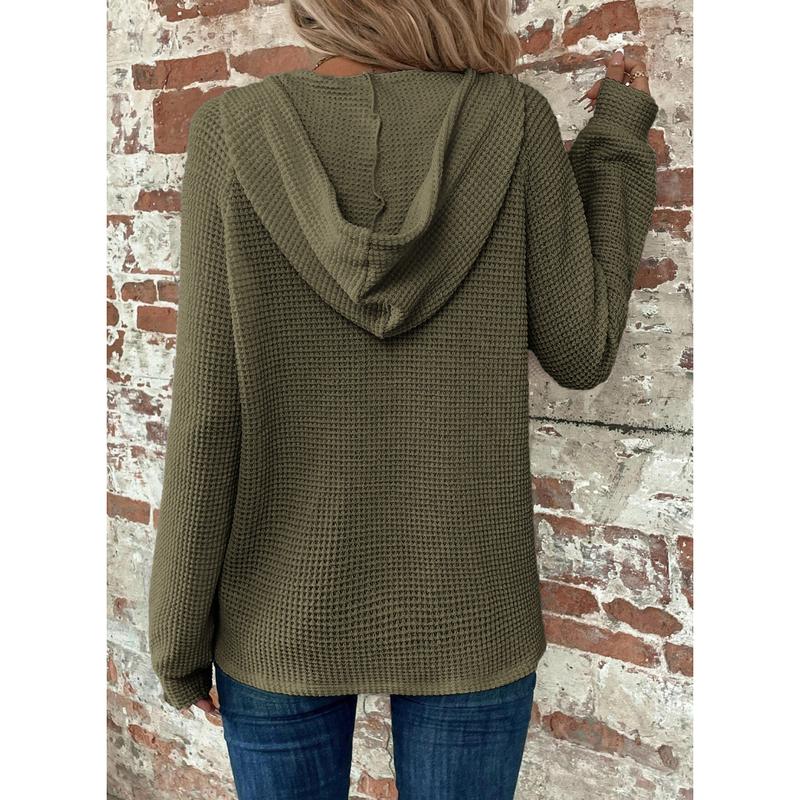 【PLUS SIZE】🧥Women's Waffle Knit Drawstring Button V Neck Hooded Sweatshirt | Almost Gone⚡