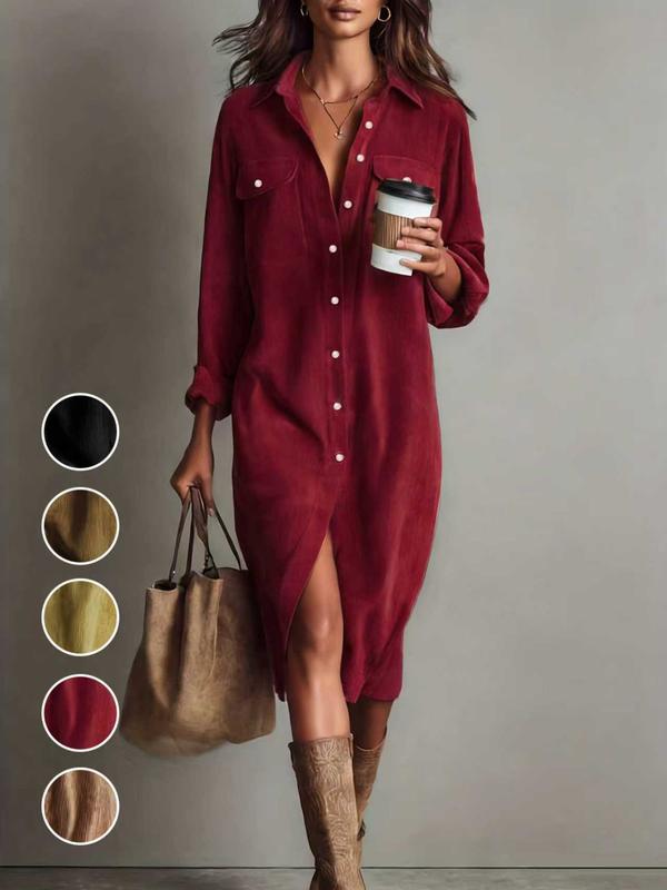 Women's Fashion Casual Loose Corduroy Collared Dress with Dual Chest Pockets