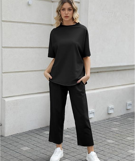 Women's 2-Piece Casual Trendy Clothing Set - 3/4 Batwing Sleeve Capelet Crew Neck Pullover Top&Wide Leg Pants
