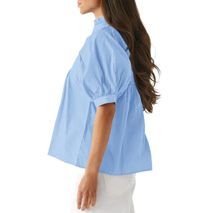 Women’s V-Neck Puff Sleeve Blouse Babydoll Peplum Tops & Cotton Fabric