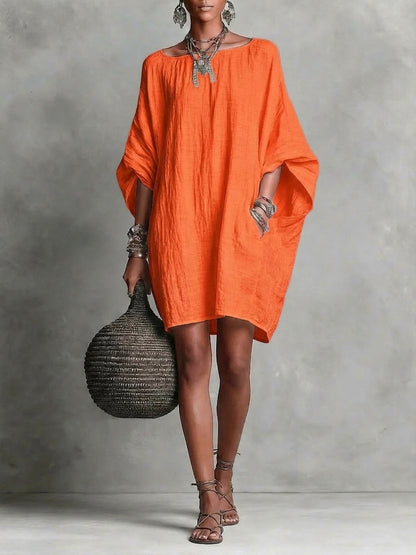 Retro Solid-Color Long-Sleeve Off-Shoulder Casual Linen Cotton Dress