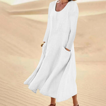👗 50% OFF NOW! Women's Solid Color Long Sleeve Cotton And Linen Maxi Dress With Pockets