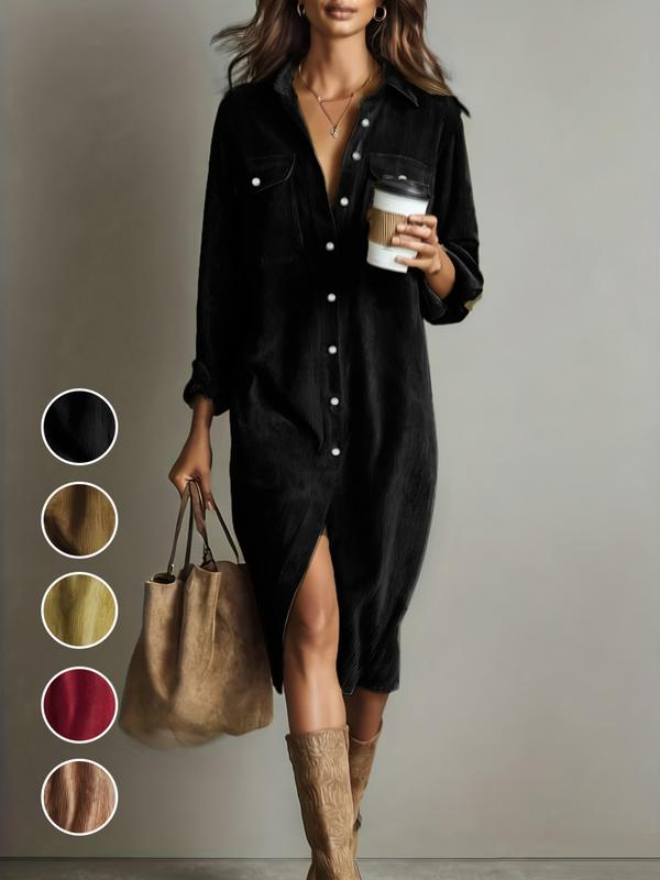 Women's Fashion Casual Loose Corduroy Collared Dress with Dual Chest Pockets