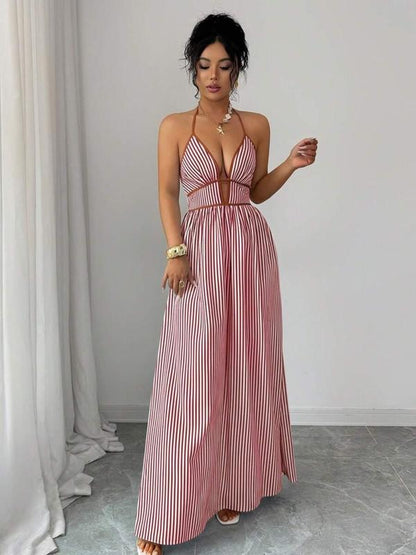 🏆SUMMER SALE💥Women's Elegant Sexy Striped Deep V Neck Halter Dress