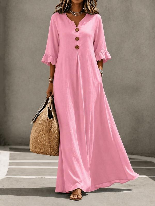 Autumn New Arrival👗Women's Boho Aesthetic Style Solid V-Neck Dress with Wooden Buttons and Ruffle Sleeves