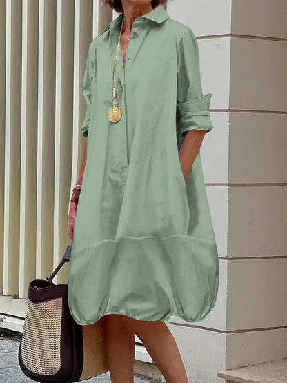 Women's Long Sleeve Button Up Shirt Dresses Casual Loose Fit Spring Midi Dress with Pockets