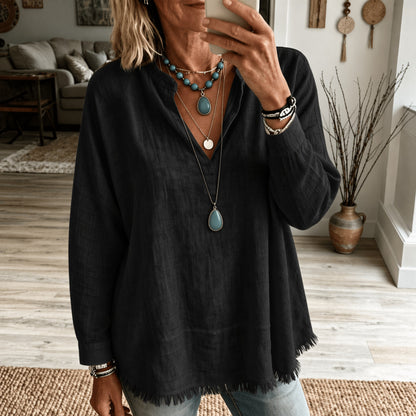 New Autumn Women's Loose-Fit Solid-Color Casual Long-Sleeve Top with V-Neck and Frayed Tassel Hem