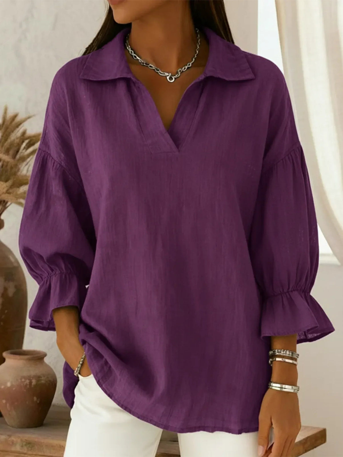 Women's Solid-Color Casual 3/4 Sleeve Loose-Fitting Fashionable Pullover Top