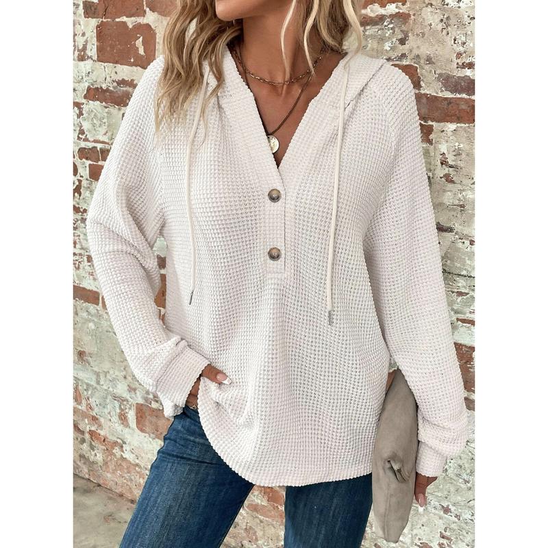 【PLUS SIZE】🧥Women's Waffle Knit Drawstring Button V Neck Hooded Sweatshirt | Almost Gone⚡