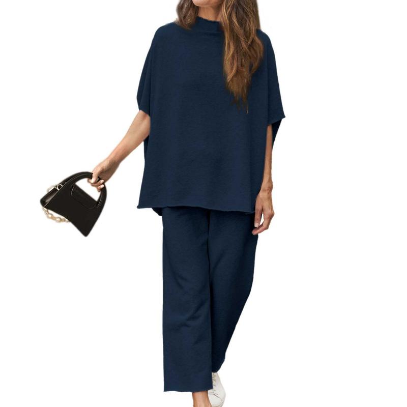 Women's 2-Piece Casual Trendy Clothing Set - 3/4 Batwing Sleeve Capelet Crew Neck Pullover Top&Wide Leg Pants