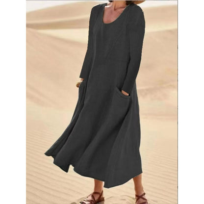 👗 50% OFF NOW! Women's Solid Color Long Sleeve Cotton And Linen Maxi Dress With Pockets