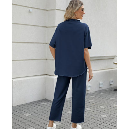 Women's 2-Piece Casual Trendy Clothing Set - 3/4 Batwing Sleeve Capelet Crew Neck Pullover Top&Wide Leg Pants