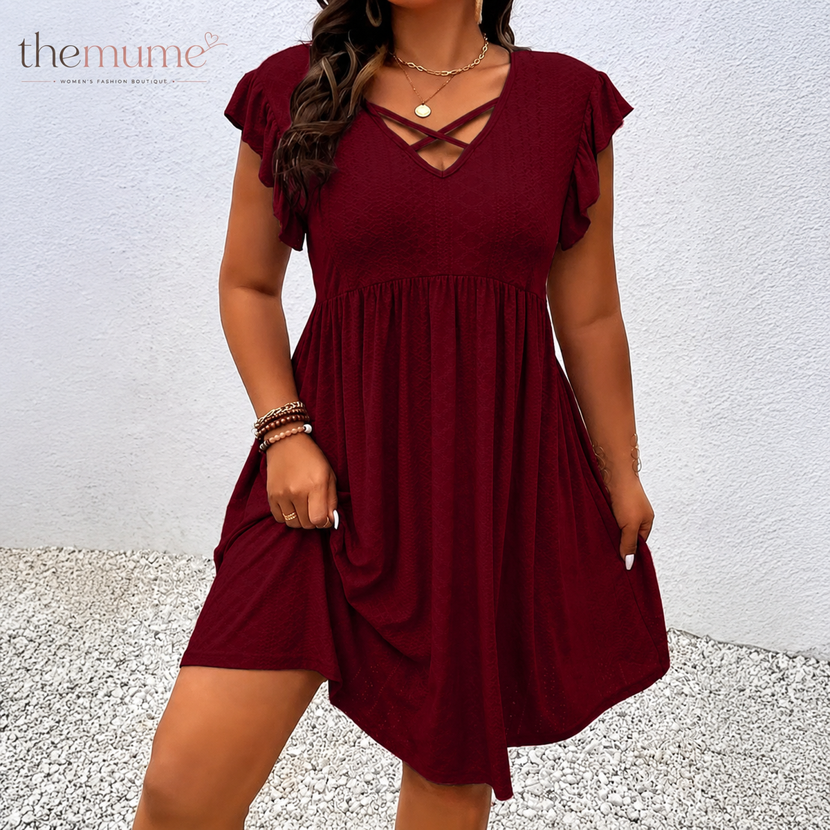 【Plus Size】 Solid Color Hollow Out V-neck Dress