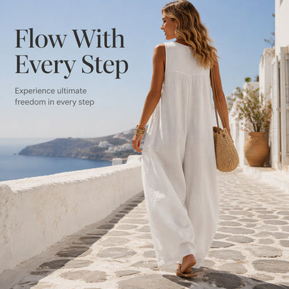 Trending Now!⭐Refined Summer Craftsmanship🌿Women’s Sleeveless V-Neck Linen-Blend Wide-Leg Jumpsuit with Pockets