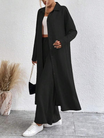 Women's Solid Button Front Shirt & Wide Leg Pants Two-piece Set