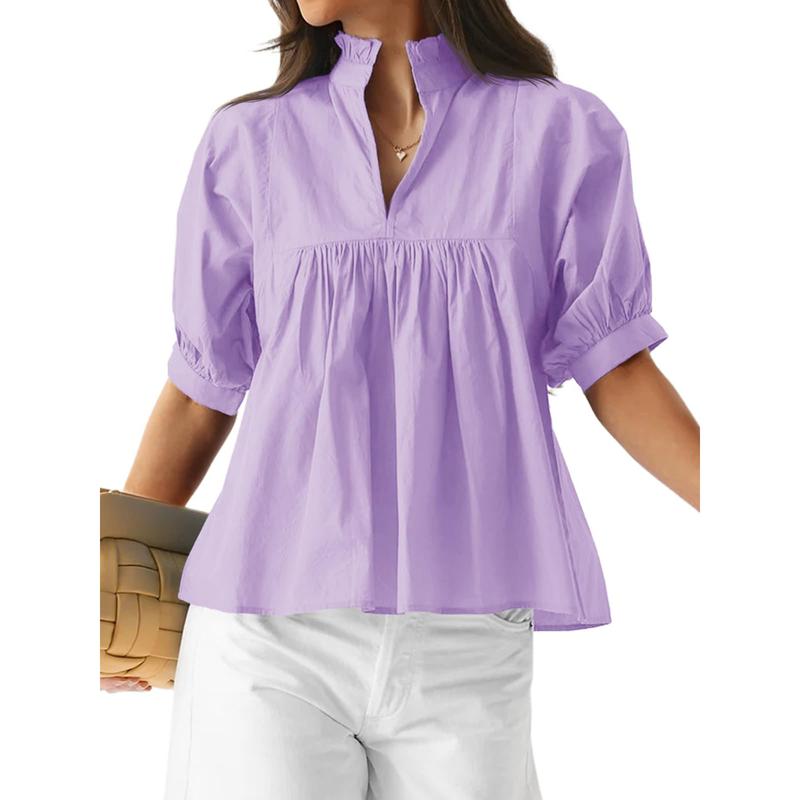 Women’s V-Neck Puff Sleeve Blouse Babydoll Peplum Tops & Cotton Fabric