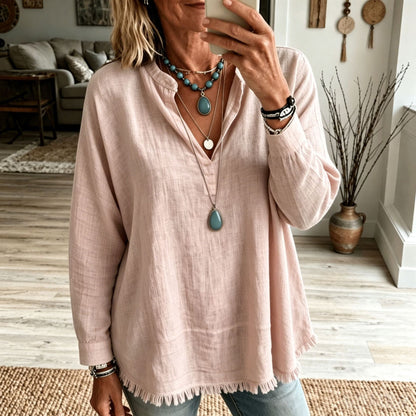 New Autumn Women's Loose-Fit Solid-Color Casual Long-Sleeve Top with V-Neck and Frayed Tassel Hem