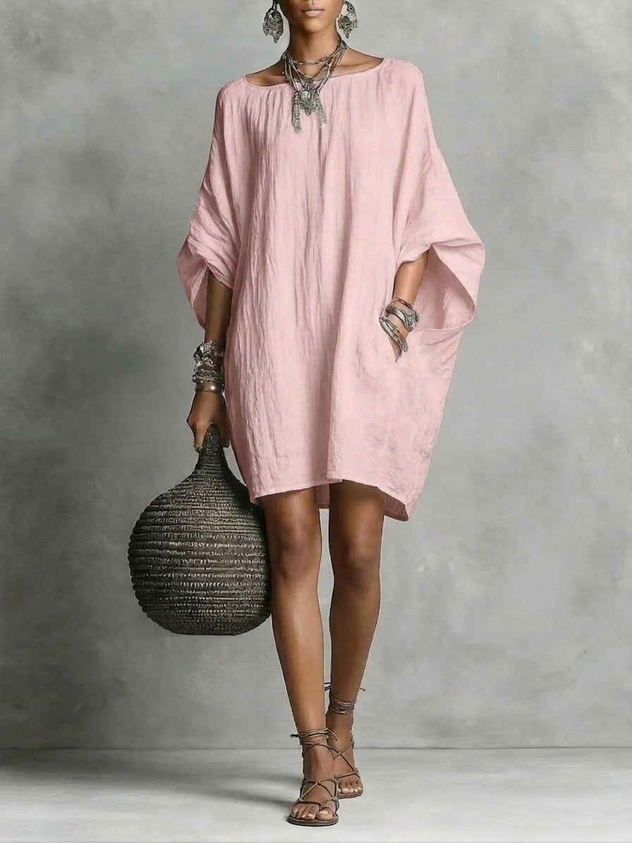 Retro Solid-Color Long-Sleeve Off-Shoulder Casual Linen Cotton Dress
