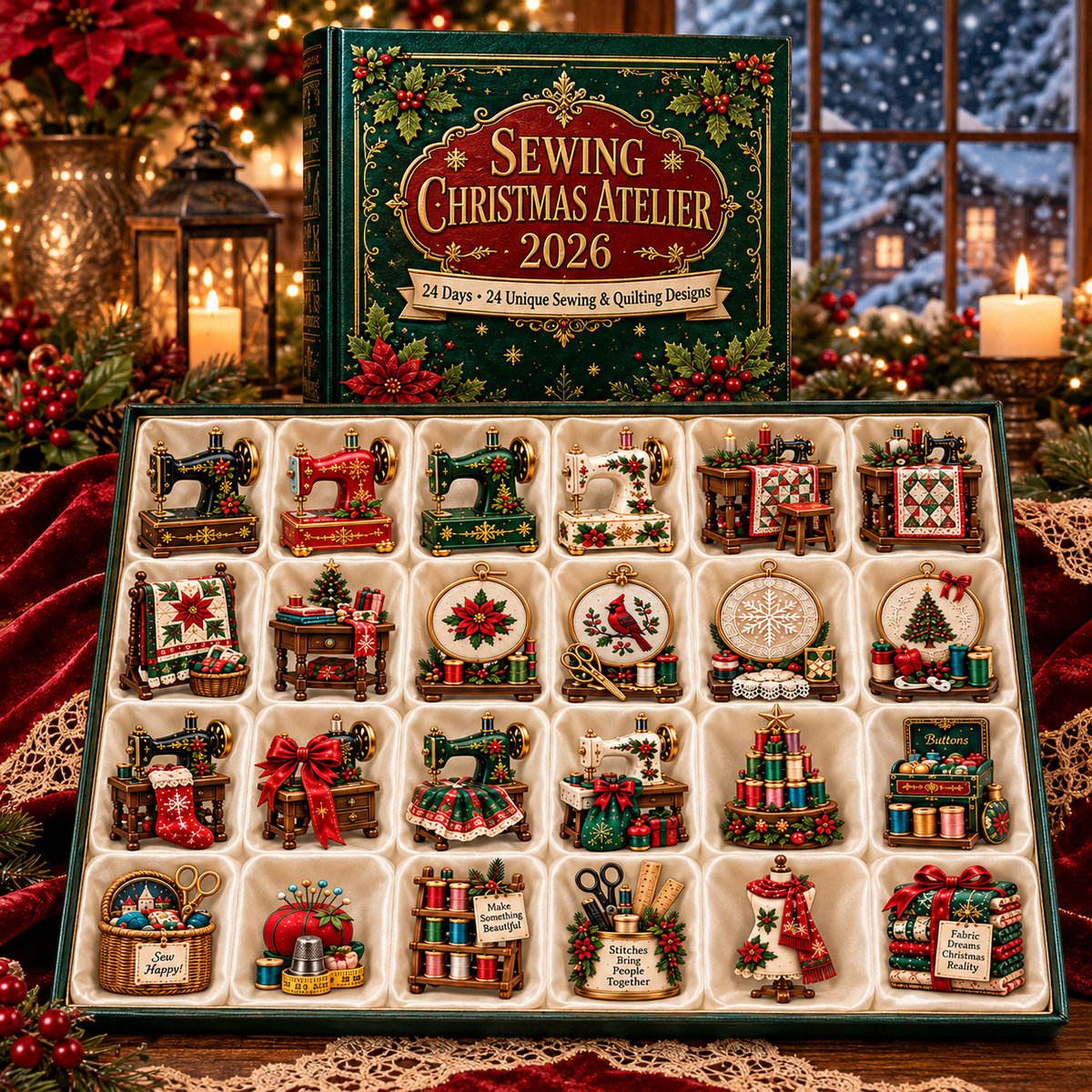 Sewing Christmas Atelier 2026 – 24-Day Countdown Collection with 24 Unique Sewing & Quilting Miniatures, Handmade Holiday Collectible Gift for Sewing Lovers