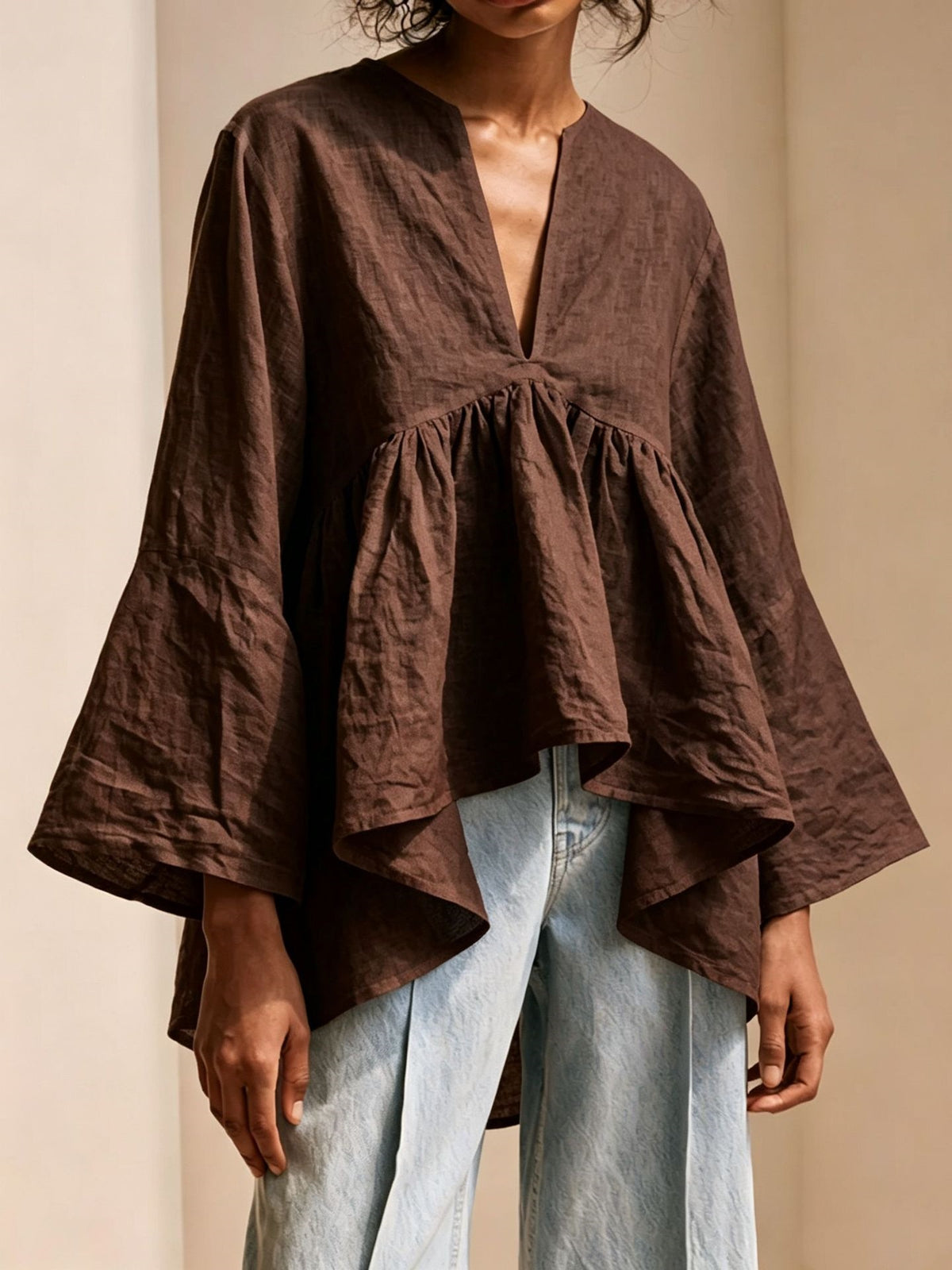 Fall New Arrival - Women's Solid-color loose V-neck trumpet sleeve Top