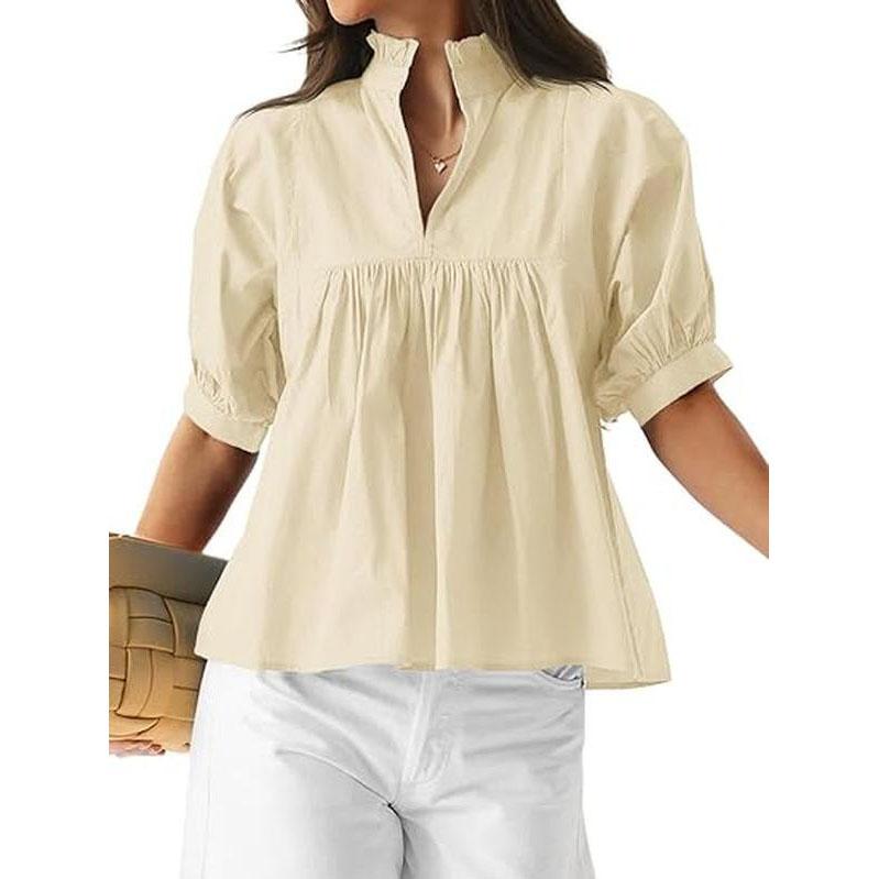 Women’s V-Neck Puff Sleeve Blouse Babydoll Peplum Tops & Cotton Fabric