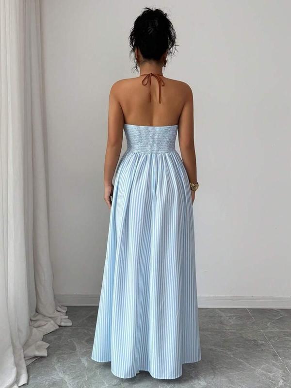 🏆SUMMER SALE💥Women's Elegant Sexy Striped Deep V Neck Halter Dress