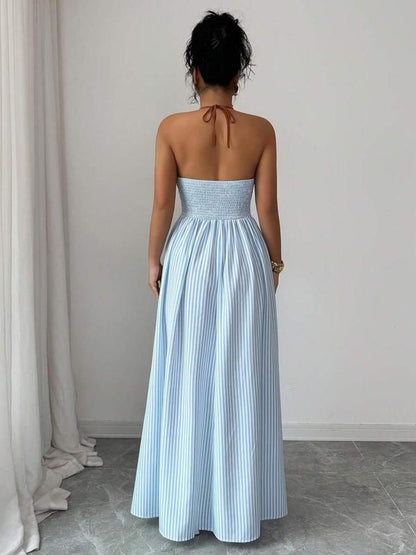 🏆SUMMER SALE💥Women's Elegant Sexy Striped Deep V Neck Halter Dress
