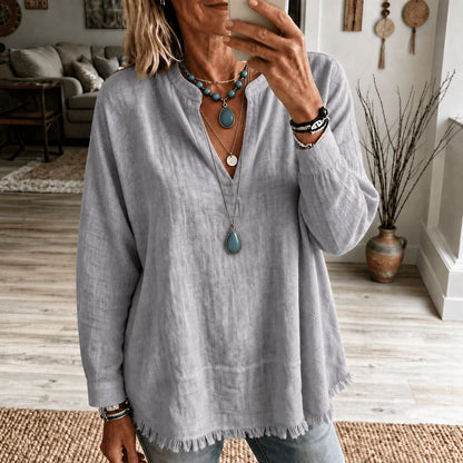 New Autumn Women's Loose-Fit Solid-Color Casual Long-Sleeve Top with V-Neck and Frayed Tassel Hem