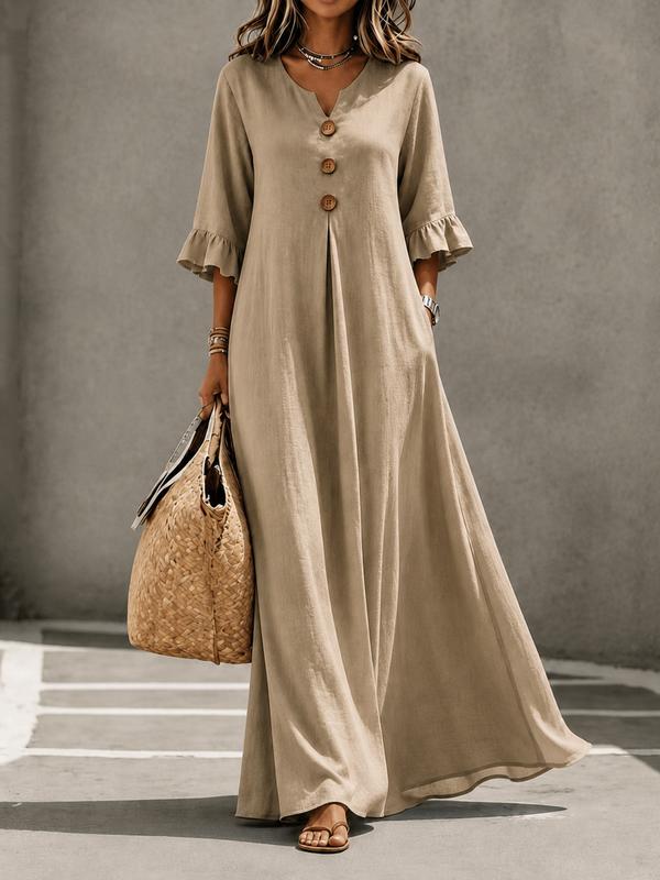 Autumn New Arrival👗Women's Boho Aesthetic Style Solid V-Neck Dress with Wooden Buttons and Ruffle Sleeves