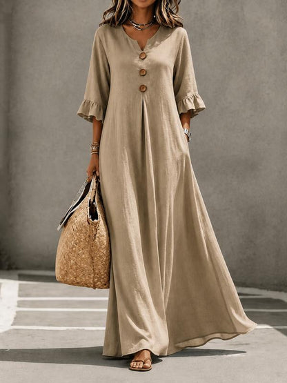 Autumn New Arrival👗Women's Boho Aesthetic Style Solid V-Neck Dress with Wooden Buttons and Ruffle Sleeves