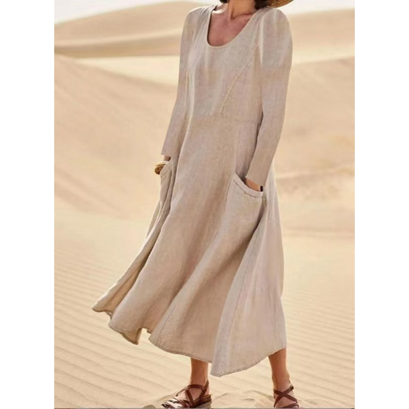 👗 50% OFF NOW! Women's Solid Color Long Sleeve Cotton And Linen Maxi Dress With Pockets