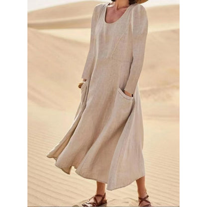 👗 50% OFF NOW! Women's Solid Color Long Sleeve Cotton And Linen Maxi Dress With Pockets