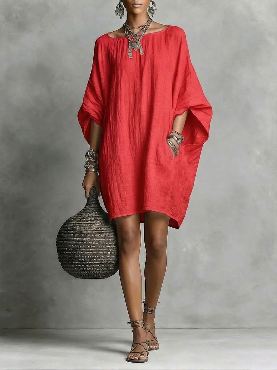 Retro Solid-Color Long-Sleeve Off-Shoulder Casual Linen Cotton Dress