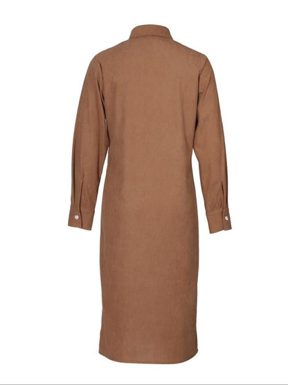 Women's Fashion Casual Loose Corduroy Collared Dress with Dual Chest Pockets